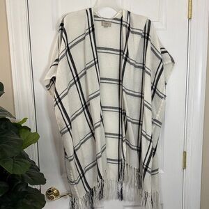 LOFT Ivory and Charcoal Checkered Poncho